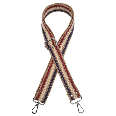 120x4 cm Jüt Kolon Çanta Sapı Zincir Desen Lacivert Bordo Krem Renk Gümüş Metalli