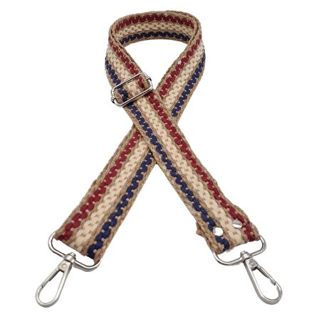 120x4 cm Jüt Kolon Çanta Sapı Zincir Desen Lacivert Bordo Krem Renk Gümüş Metalli