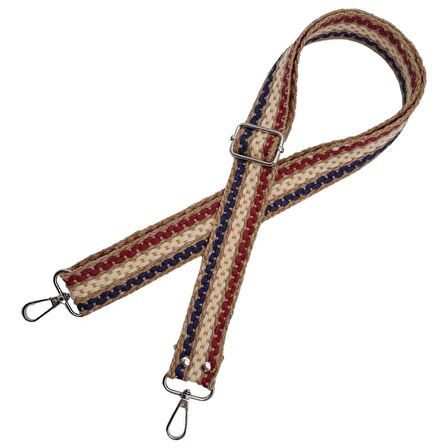 120x4 cm Jüt Kolon Çanta Sapı Zincir Desen Lacivert Bordo Krem Renk Gümüş Metalli