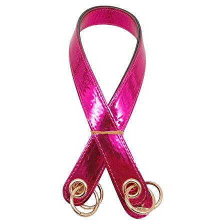 Parlak Rugan Deri Kuş Gözlü Çift Çanta Sapı Fuşya Renk Light Gold Metalli