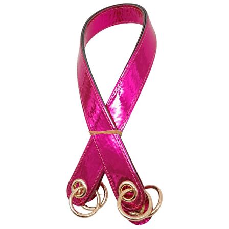 Parlak Rugan Deri Kuş Gözlü Çift Çanta Sapı Fuşya Renk Light Gold Metalli