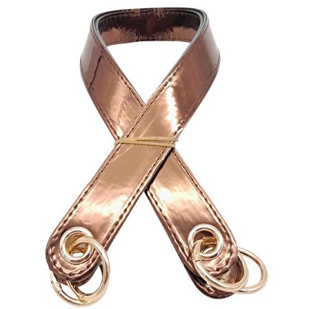 Parlak Rugan Deri Kuş Gözlü Çift Çanta Sapı Bakır Renk Light Gold Metalli