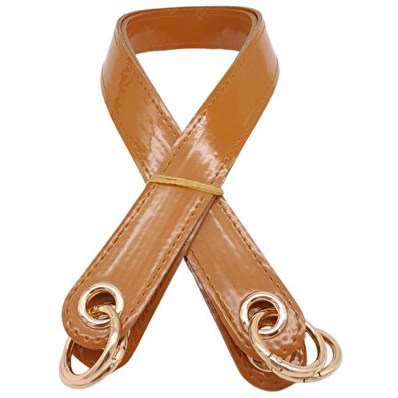 Parlak Rugan Deri Kuş Gözlü Çift Çanta Sapı Açık Taba Renk Light Gold Metalli