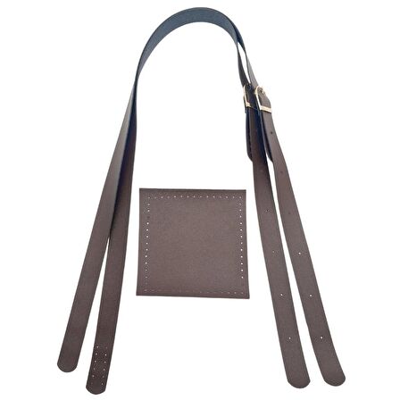 Suni Deri Cepli Ayarlanabilir Çift Saplı Çanta Seti Koyu Kahverengi Light Gold Metalli