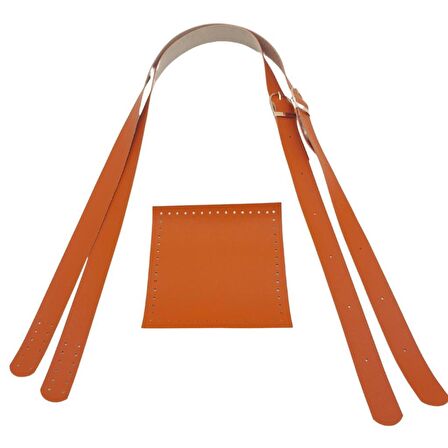Suni Deri Cepli Ayarlanabilir Çift Saplı Çanta Seti Turuncu Light Gold Metalli