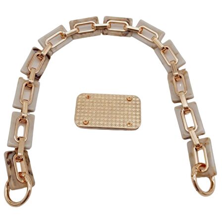 44 cm Dikdörtgen Halkalı Akrilik Zincir Plaka Set Bej Renk Light Gold Metalli