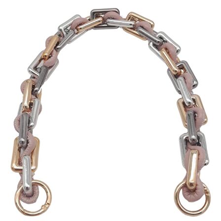 45 cm Derili Köşeli Renkli Akrilik Zincir Pudra Renk Derili Yaylı Halkalı