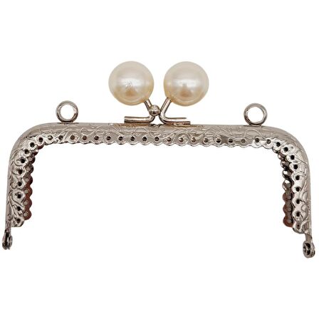 12.5 cm İncili Dikdörtgen Cüzdan Çanta Klipsi Bursu Gümüş Metalli