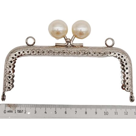 12.5 cm İncili Dikdörtgen Cüzdan Çanta Klipsi Bursu Gümüş Metalli