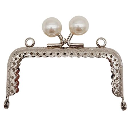 8.5 cm İncili Dikdörtgen Cüzdan Çanta Klipsi Bursu Gümüş Metalli