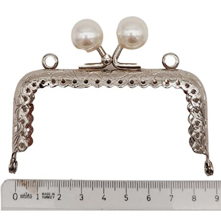 8.5 cm İncili Dikdörtgen Cüzdan Çanta Klipsi Bursu Gümüş Metalli