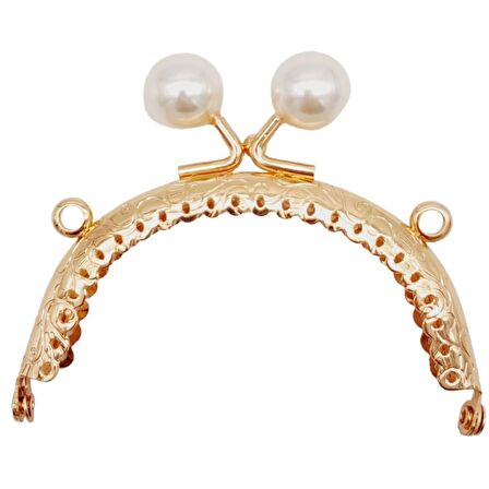 8.5 cm İncili Oval Cüzdan Çanta Klipsi Bursu Light Gold Metalli