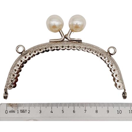10.5 cm İncili Oval Cüzdan Çanta Klipsi Bursu Gümüş Metalli
