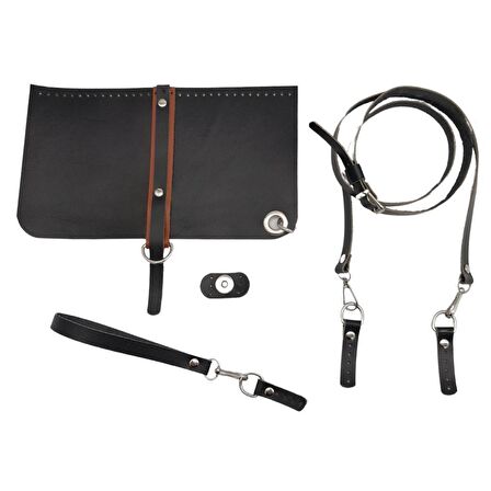 Gerçek Deri Ayarlı Saplı Abiye Cluch Çanta Seti Siyah Renk Gümüş Metalli