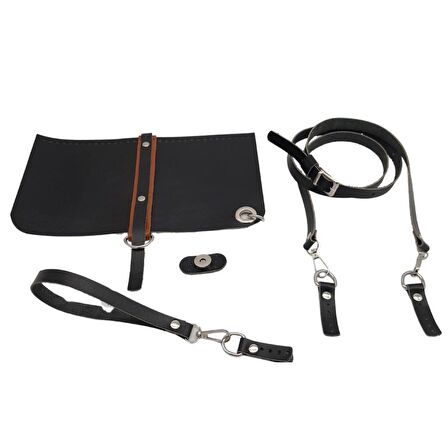 Gerçek Deri Ayarlı Saplı Abiye Cluch Çanta Seti Siyah Renk Gümüş Metalli