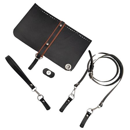 Gerçek Deri Ayarlı Saplı Abiye Cluch Çanta Seti Siyah Renk Gümüş Metalli