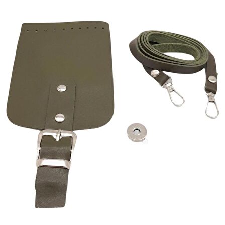 Tokalı Kapak Aparatlı Suni Deri Çanta Seti Haki Renk