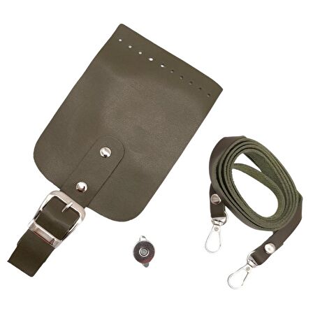 Tokalı Kapak Aparatlı Suni Deri Çanta Seti Haki Renk