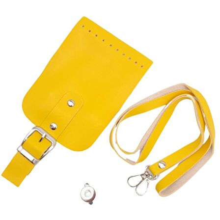 Tokalı Kapak Aparatlı Suni Deri Çanta Seti Sarı Renk