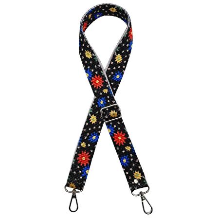 120x3 cm Polyester Kolon Çanta Sapı Çiçekli Gümüş Metalli