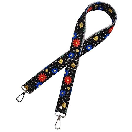 120x3 cm Polyester Kolon Çanta Sapı Çiçekli Gümüş Metalli