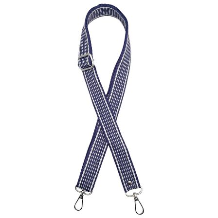 120x3 cm Polyester Kolon Çanta Sapı Lacivert Renk Beyaz Şeritli Gümüş Metalli