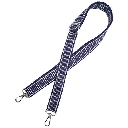120x3 cm Polyester Kolon Çanta Sapı Lacivert Renk Beyaz Şeritli Gümüş Metalli