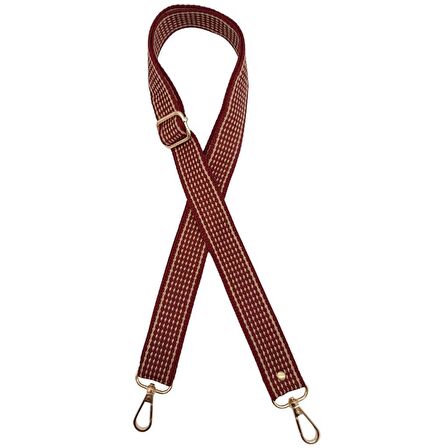 120x3 cm Polyester Kolon Çanta Sapı Bordo Renk Bej Şeritli Light Gold Metalli