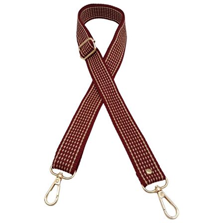120x3 cm Polyester Kolon Çanta Sapı Bordo Renk Bej Şeritli Light Gold Metalli