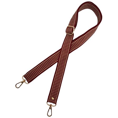 120x3 cm Polyester Kolon Çanta Sapı Bordo Renk Bej Şeritli Light Gold Metalli