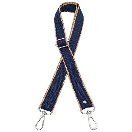 120x3 cm Polyester Kolon Çanta Sapı Lacivert Renk Bej Şeritli Gümüş Metalli