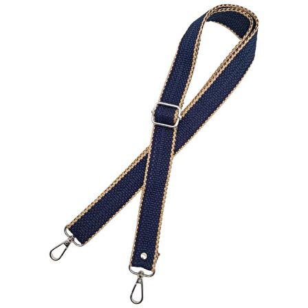 120x3 cm Polyester Kolon Çanta Sapı Lacivert Renk Bej Şeritli Gümüş Metalli