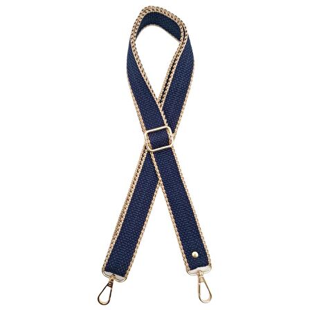 120x3 cm Polyester Kolon Çanta Sapı Lacivert Renk Bej Şeritli Light Gold Metalli