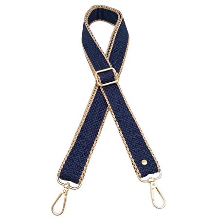 120x3 cm Polyester Kolon Çanta Sapı Lacivert Renk Bej Şeritli Light Gold Metalli