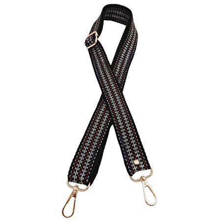 120x3 cm Polyester Kolon Çanta Sapı Siyah Renk Gümüş Şeritli Light Gold Metalli