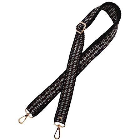 120x3 cm Polyester Kolon Çanta Sapı Siyah Renk Gümüş Şeritli Light Gold Metalli