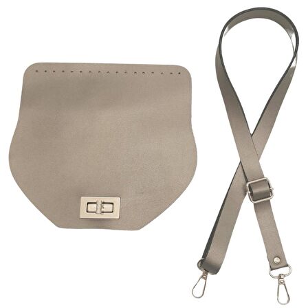 Suni Deri 21x19 cm Kapaklı ve Ayarlı Saplı Çanta Seti Parlak Gri Renk Gümüş Metalli