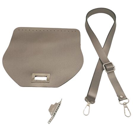 Suni Deri 21x19 cm Kapaklı ve Ayarlı Saplı Çanta Seti Parlak Gri Renk Gümüş Metalli