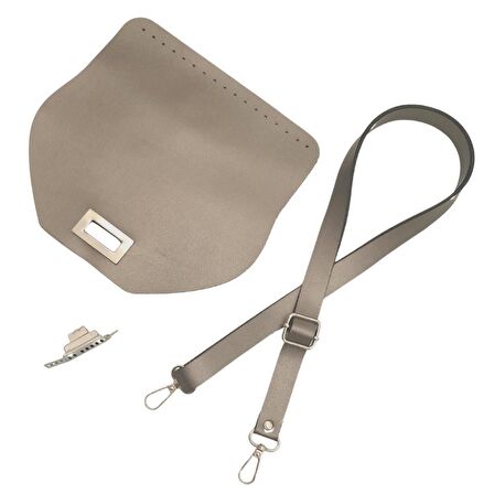 Suni Deri 21x19 cm Kapaklı ve Ayarlı Saplı Çanta Seti Parlak Gri Renk Gümüş Metalli