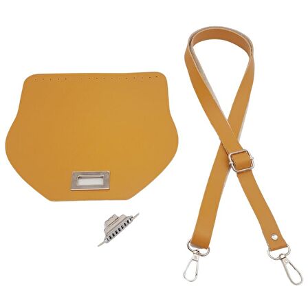 Suni Deri 21x19 cm Kapaklı ve Ayarlı Saplı Çanta Seti Hardal Renk Gümüş Metalli