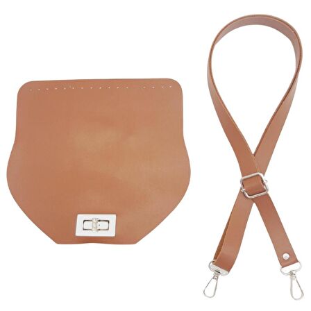 Suni Deri 21x19 cm Kapaklı ve Ayarlı Saplı Çanta Seti Taba Renk Gümüş Metalli