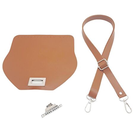 Suni Deri 21x19 cm Kapaklı ve Ayarlı Saplı Çanta Seti Taba Renk Gümüş Metalli