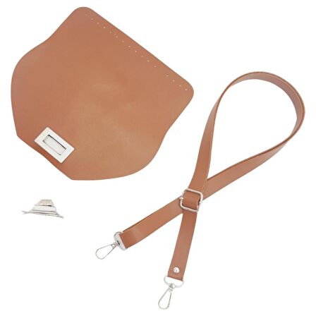 Suni Deri 21x19 cm Kapaklı ve Ayarlı Saplı Çanta Seti Taba Renk Gümüş Metalli