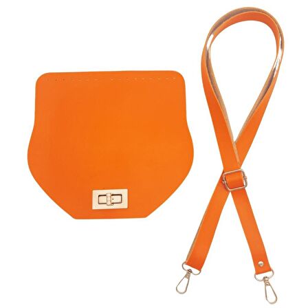 Suni Deri 21x19 cm Kapaklı ve Ayarlı Saplı Çanta Seti Turuncu Renk Gümüş Metalli