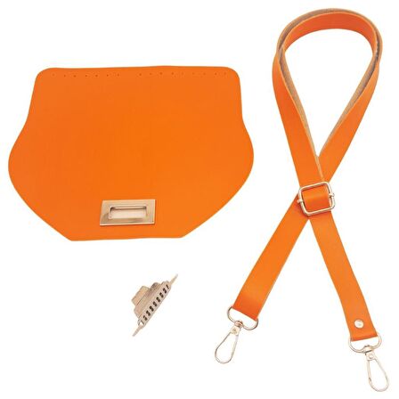 Suni Deri 21x19 cm Kapaklı ve Ayarlı Saplı Çanta Seti Turuncu Renk Gümüş Metalli
