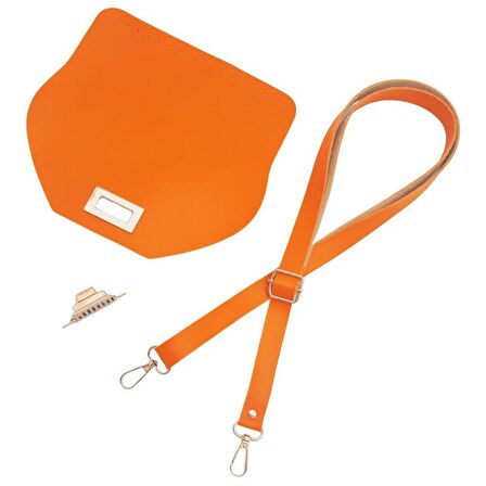 Suni Deri 21x19 cm Kapaklı ve Ayarlı Saplı Çanta Seti Turuncu Renk Gümüş Metalli