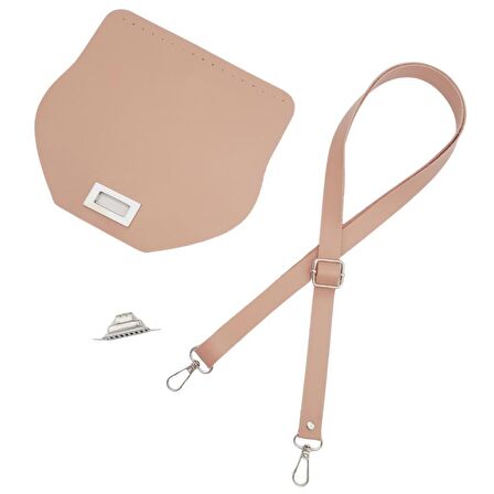 Suni Deri 21x19 cm Kapaklı ve Ayarlı Saplı Çanta Seti Pudra Renk Gümüş Metalli