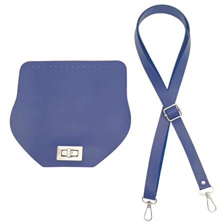 Suni Deri 21x19 cm Kapaklı ve Ayarlı Saplı Çanta Seti Mavi Renk Gümüş Metalli