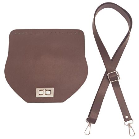 Suni Deri 21x19 cm Kapaklı ve Ayarlı Saplı Çanta Seti Koyu Kahverengi Gümüş Metalli