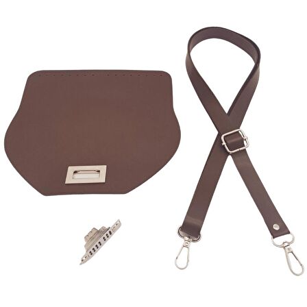 Suni Deri 21x19 cm Kapaklı ve Ayarlı Saplı Çanta Seti Koyu Kahverengi Gümüş Metalli